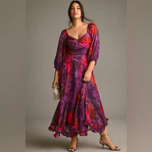 |anthro| Hutch twist front puff sleeve ruffle hem dress in purple sorbet - 1X - Picture 7 of 7